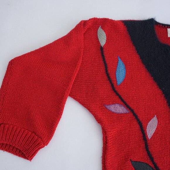 Vintage Franco Valeri Red Knit Black V-Neck Details Colourful Leaves Sweater S - Picture 8 of 11
